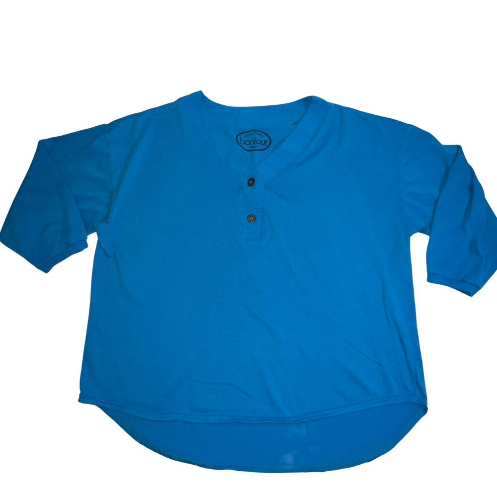 Vintage Boniour Shirt Women Plus Small Henley Blue Short Half Sleeve Casual Top
